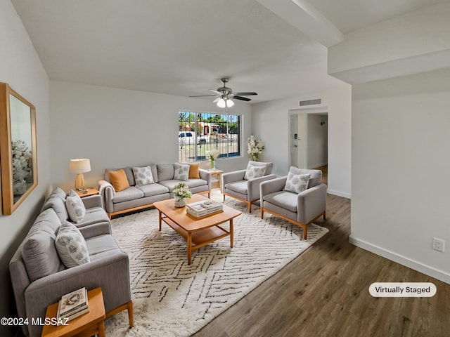 living room with hardwood / wood-style floors and ceiling fan