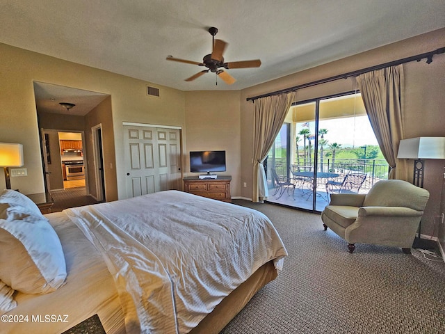 bedroom with carpet floors, a ceiling fan, baseboards, visible vents, and access to exterior