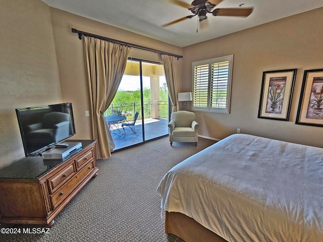 bedroom featuring access to exterior, baseboards, dark carpet, and ceiling fan