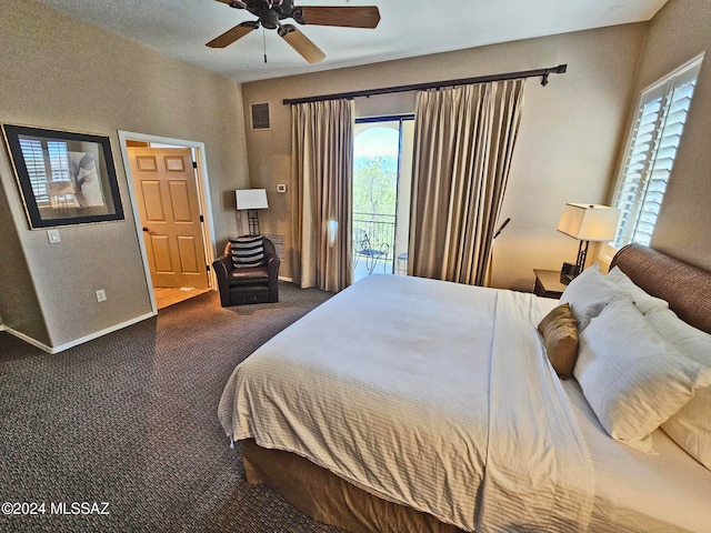 bedroom with a ceiling fan, visible vents, baseboards, access to outside, and carpet