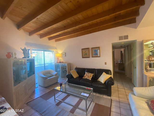 tiled living room with beamed ceiling and wood ceiling