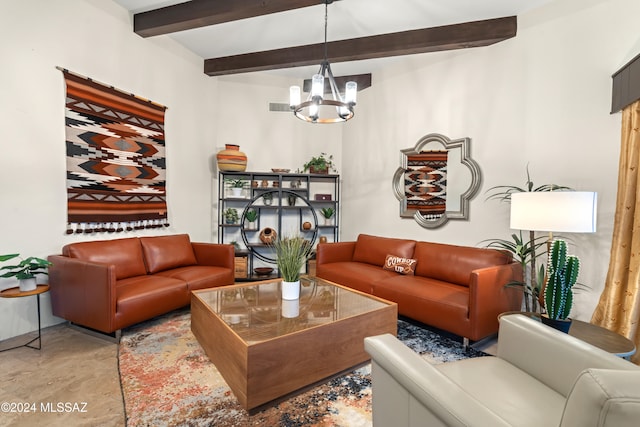 living room with a chandelier and beamed ceiling