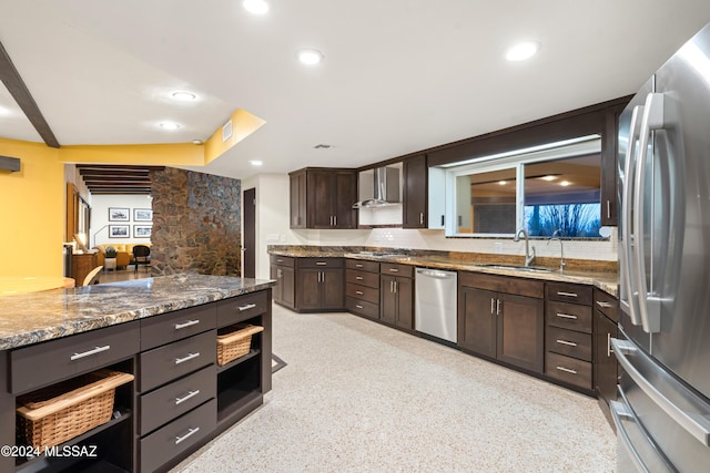 4750 N Calle Desecada, Tucson, AZ 85718 - kitchen featuring stainless steel appliances, dark brown cabinetry, a sink, stone countertops, and recessed lighting