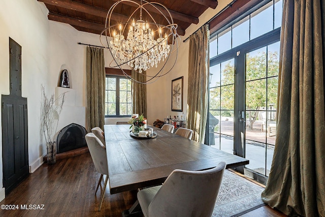 dining space with wood ceiling, a notable chandelier, beam ceiling, and dark wood-type flooring