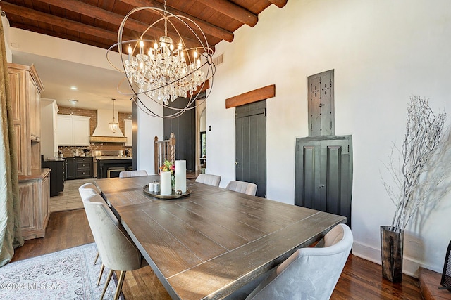 dining room featuring beamed ceiling, baseboards, wood ceiling, a chandelier, and dark wood finished floors