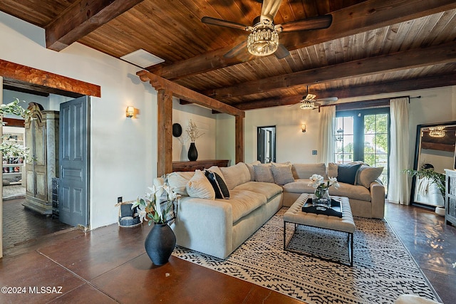 living area featuring a ceiling fan, wood ceiling, and beam ceiling