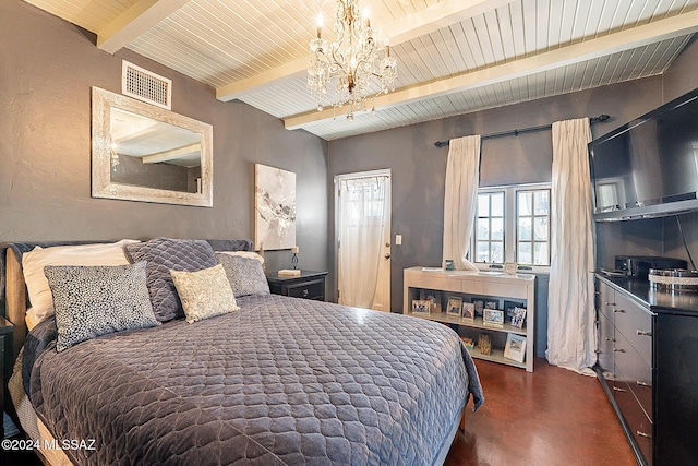bedroom featuring visible vents, finished concrete flooring, a textured wall, beam ceiling, and a notable chandelier