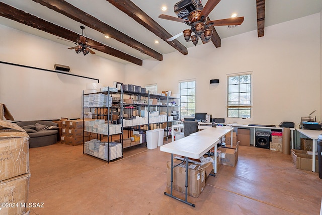 home office with recessed lighting, a ceiling fan, concrete floors, and beam ceiling