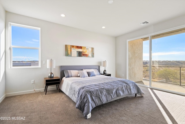 bedroom with baseboards, visible vents, access to exterior, carpet flooring, and recessed lighting