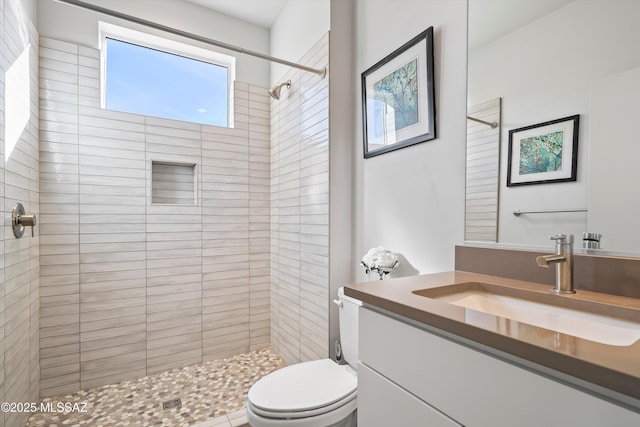 full bathroom with vanity, toilet, and a shower stall