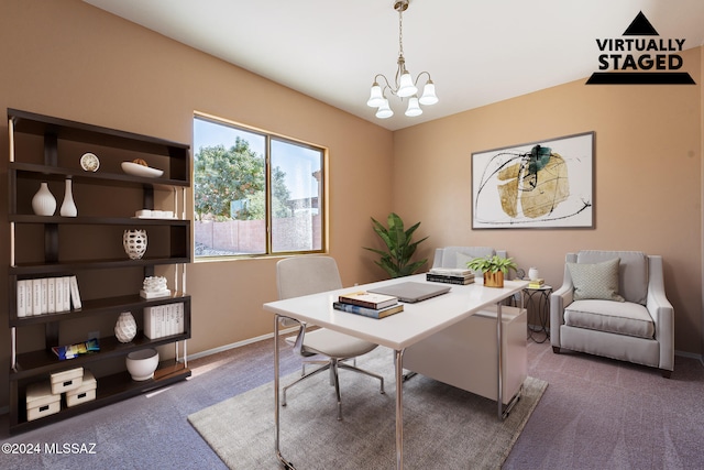 carpeted office space featuring an inviting chandelier