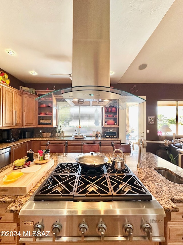 kitchen with stainless steel appliances, island range hood, sink, and light stone countertops