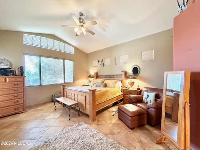 bedroom with ceiling fan and lofted ceiling