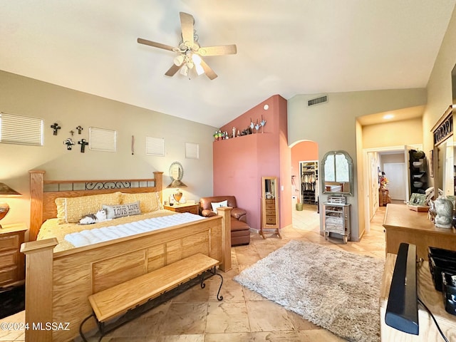 bedroom featuring ceiling fan and lofted ceiling