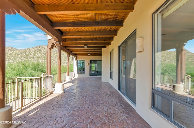 view of patio with a mountain view