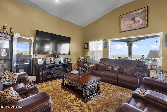 living room featuring lofted ceiling