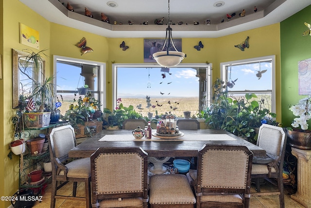 dining room featuring a tray ceiling, tile patterned floors, and a wealth of natural light