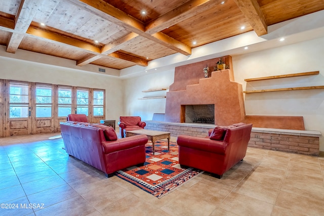 tiled living room featuring beamed ceiling and wood ceiling