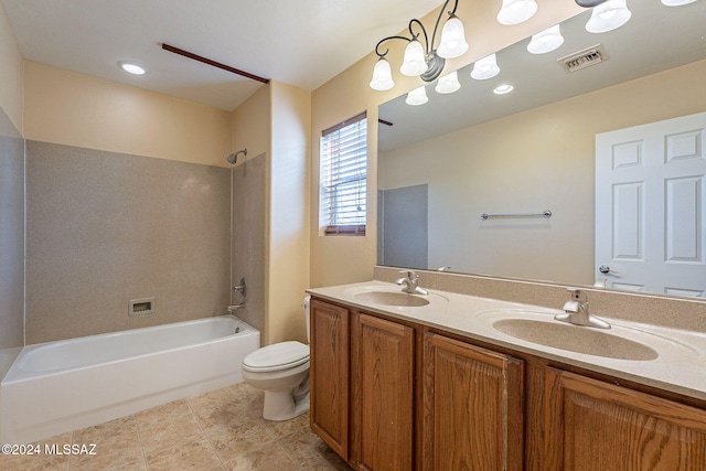 full bathroom with toilet, shower / tub combination, vanity, and tile patterned floors