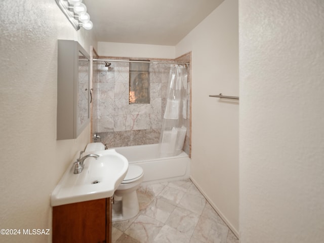 full bathroom with vanity, toilet, and shower / bathtub combination with curtain