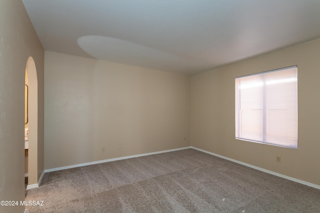 spare room with baseboards, arched walkways, and carpet flooring