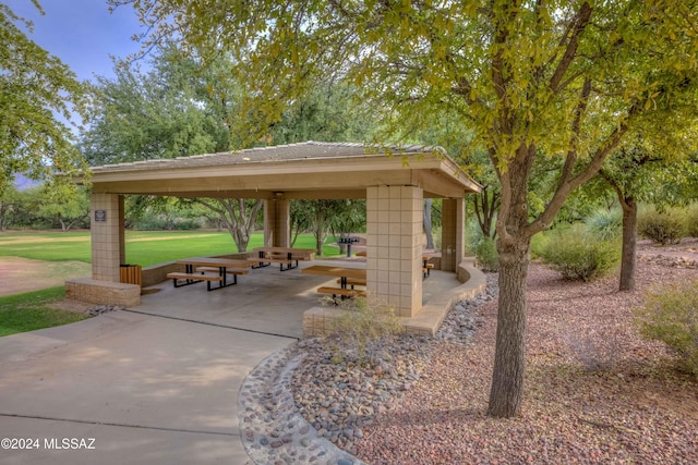 view of community featuring a gazebo and a lawn