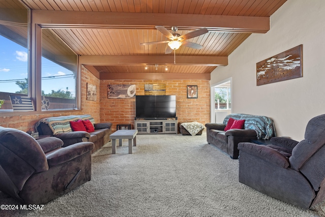 living room with ceiling fan, carpet, wooden ceiling, and vaulted ceiling with beams