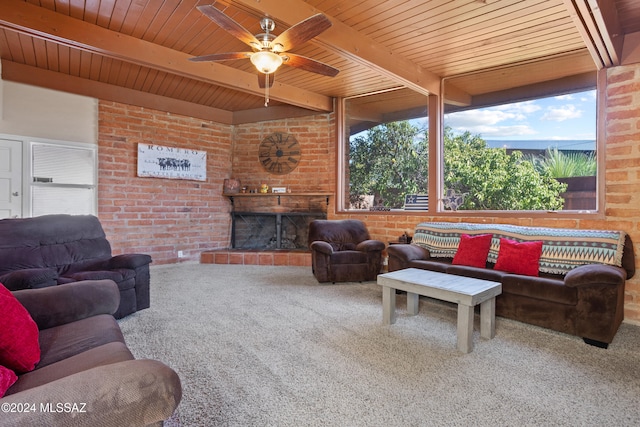 living room featuring brick wall, carpet flooring, wooden ceiling, and plenty of natural light