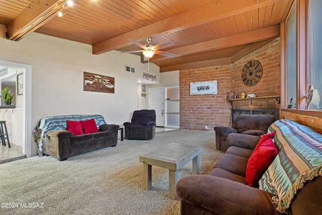 carpeted living room featuring wood ceiling, beamed ceiling, a fireplace, and ceiling fan