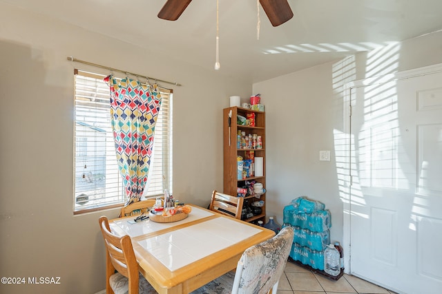 tiled dining space featuring ceiling fan and a healthy amount of sunlight