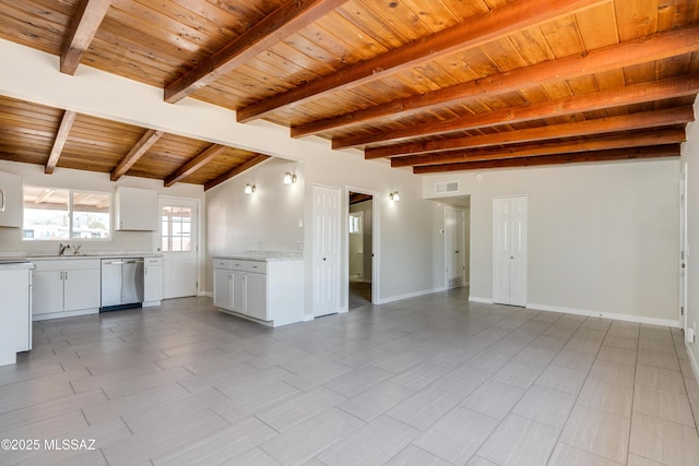 unfurnished living room with visible vents, beam ceiling, baseboards, wood ceiling, and a sink