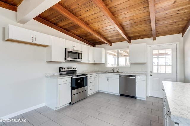 kitchen with wood ceiling, a sink, white cabinets, lofted ceiling with beams, and stainless steel appliances