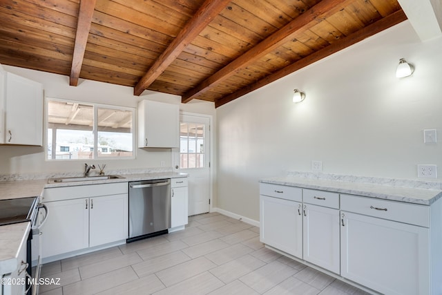 kitchen with white cabinets, stainless steel appliances, wooden ceiling, and a sink
