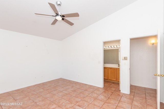 unfurnished room featuring high vaulted ceiling and ceiling fan