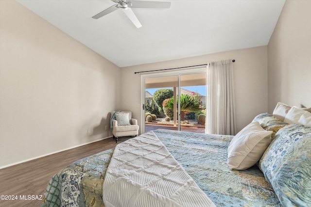 bedroom featuring hardwood / wood-style floors, access to outside, and ceiling fan