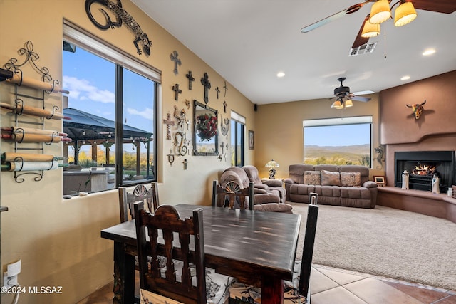 19931 S Sterling Ave, Mammoth, AZ 85618 - dining room with a mountain view, light tile patterned flooring, and ceiling fan