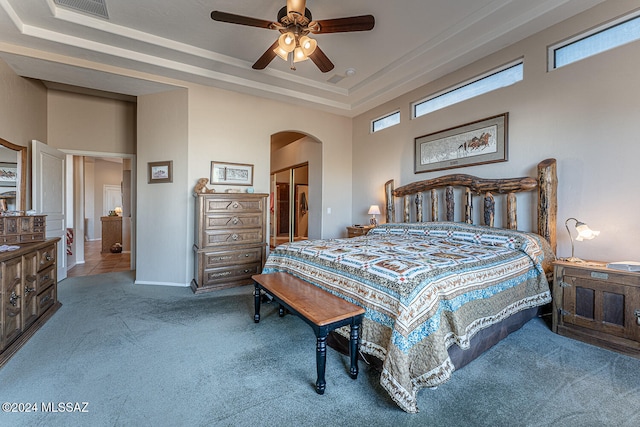 bedroom featuring ceiling fan, multiple windows, a tray ceiling, carpet floors, and a closet