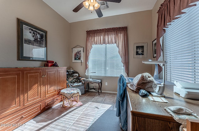 office featuring ceiling fan and light tile patterned floors