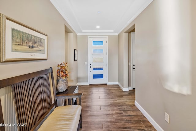 hallway featuring ornamental molding