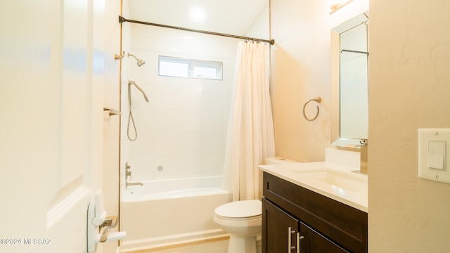 full bathroom with shower / tub combo, vanity, toilet, and hardwood / wood-style floors