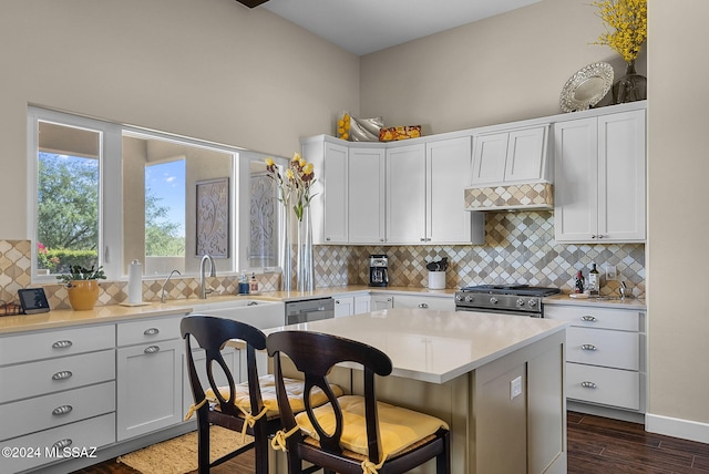 kitchen with backsplash, dark hardwood / wood-style floors, and white cabinets