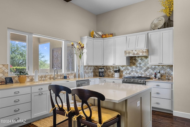 2321 Circulo De Anza, Tubac, AZ 85646 - kitchen with stainless steel appliances, decorative backsplash, white cabinets, light countertops, and dark wood finished floors