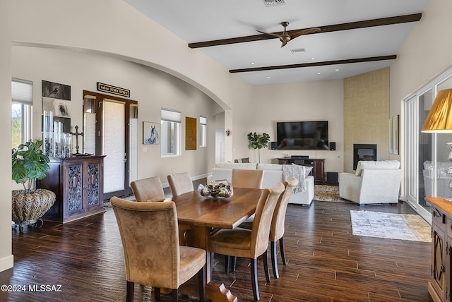 2321 Circulo De Anza, Tubac, AZ 85646 - dining room with a ceiling fan, beamed ceiling, dark wood-type flooring, a towering ceiling, and recessed lighting