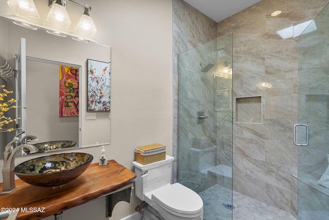 bathroom with a shower with door, toilet, and vanity