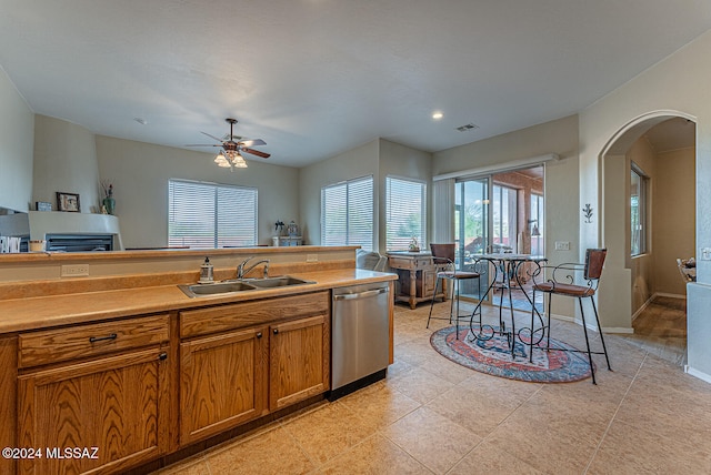 kitchen featuring plenty of natural light, ceiling fan, sink, and stainless steel dishwasher