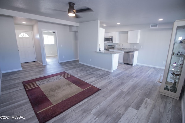 unfurnished living room with light hardwood / wood-style flooring, ceiling fan, and sink