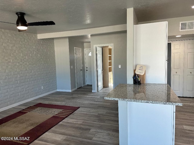 kitchen featuring dark hardwood / wood-style flooring, white cabinetry, light stone counters, and ceiling fan