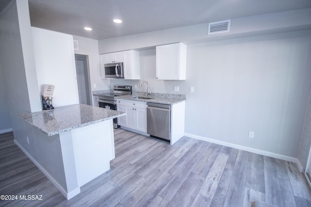 kitchen with sink, white cabinetry, light stone counters, kitchen peninsula, and stainless steel appliances