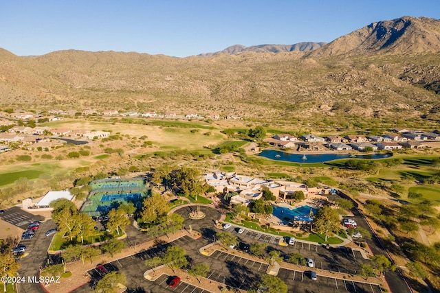 aerial view featuring a residential view and a water and mountain view