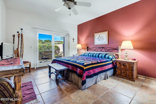 bedroom featuring access to exterior and ceiling fan